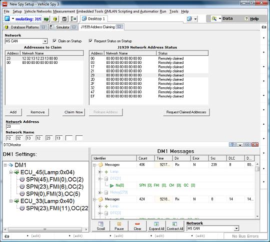 J1939 Address View (top), DTC Monitor / Simulator View (bottom) J1939 Address View (top), DTC Monitor / Simulator View (bottom)
